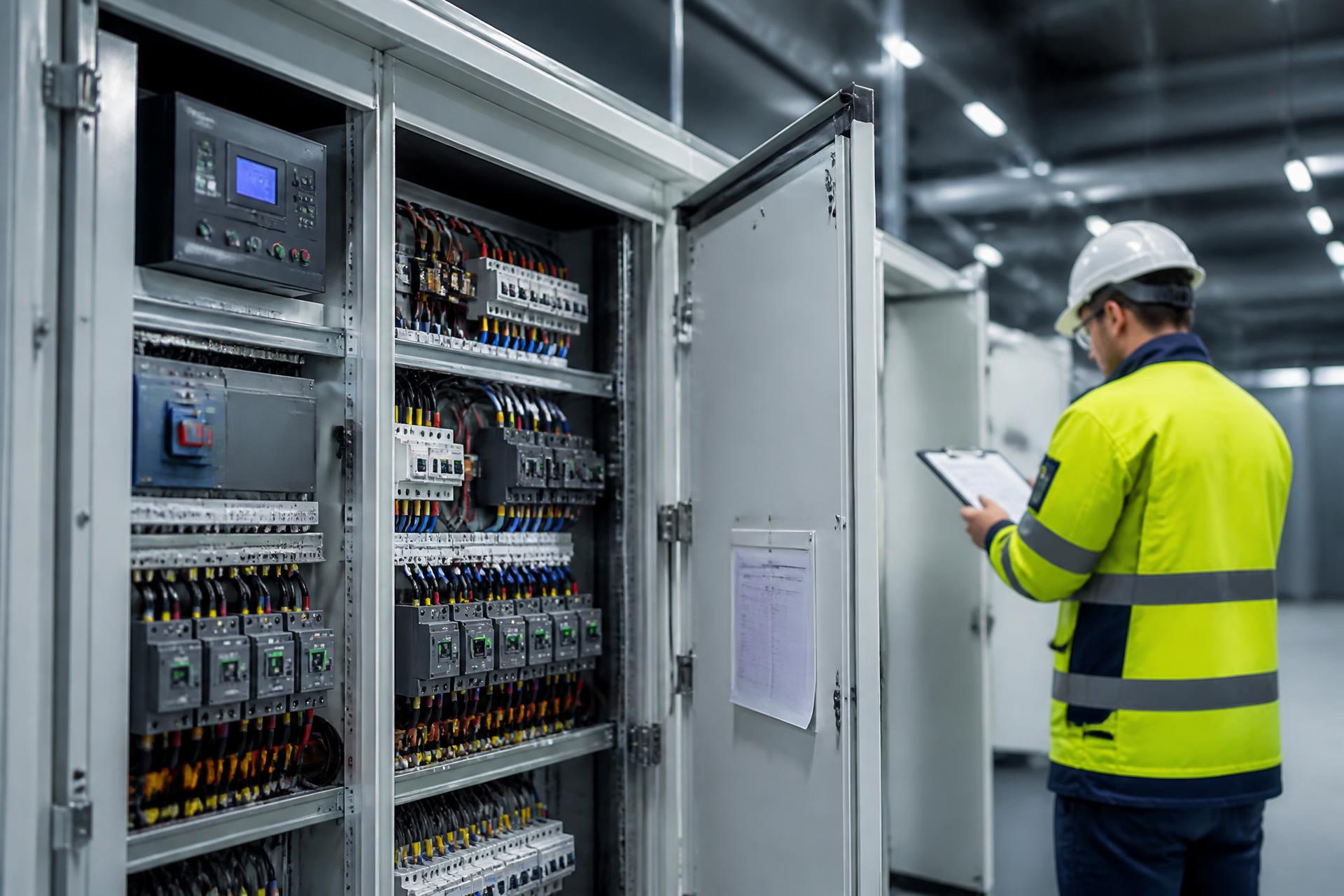 Quadro elétrico industrial moderno sendo analisado por um engenheiro em ambiente industrial