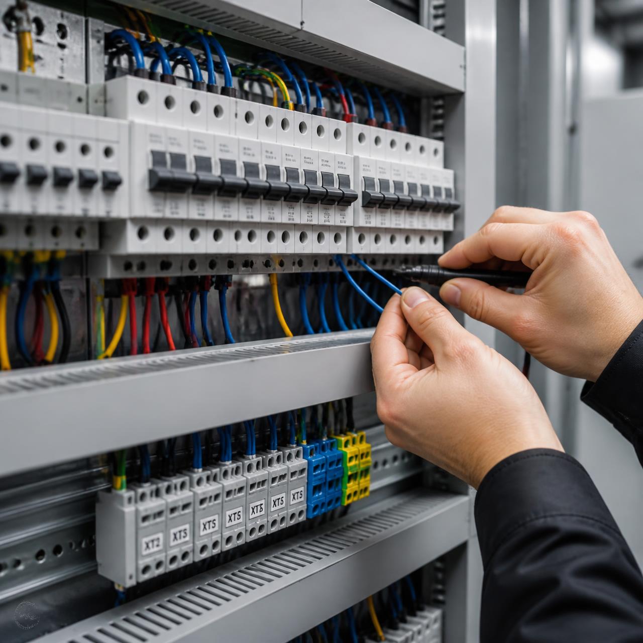 Técnico realizando a montagem e a ligação de um painel elétrico industrial